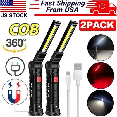 2 Pack Magnetic Base LED COB Work Light Rechargeable Mechanic Torch Flashlight