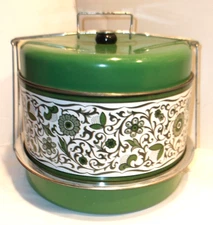VINTAGE METAL GREEN & WHITE FLORAL 3 Tier Cake Pie Carrier locking handle MCM