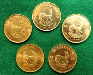 Lot of 5 South Africa 1976 1978 Gold 1 Ounce Krugerrands