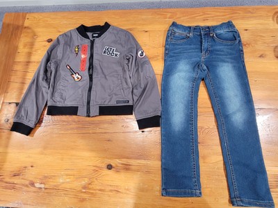 Hudson Jacket & Jeans Boys 6 Gray Bomber Let s Rock Punk Rocker Patches Rockstar