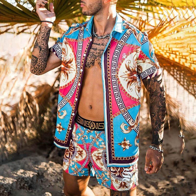 Camisa Botones Hombres Rojo Azul Hawaiano Floral Fiesta Playa Manga Cortos SETS