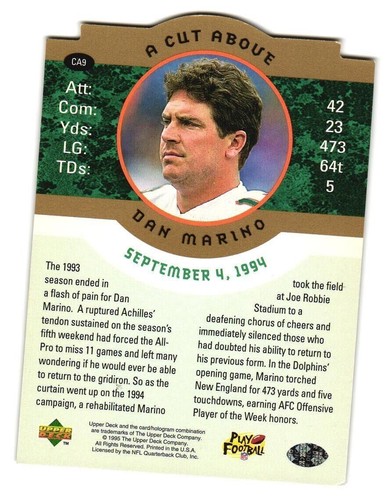 1995 Upper Deck A Cut Above Die-Cut Dan Marino Insert #CA9 - Picture 2 of 2