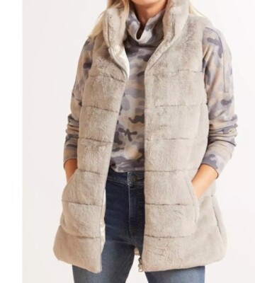 EVEREVE Serena Woman s Faux Fur Tunic Vest Sz Large Gray Pockets Zip Front New
