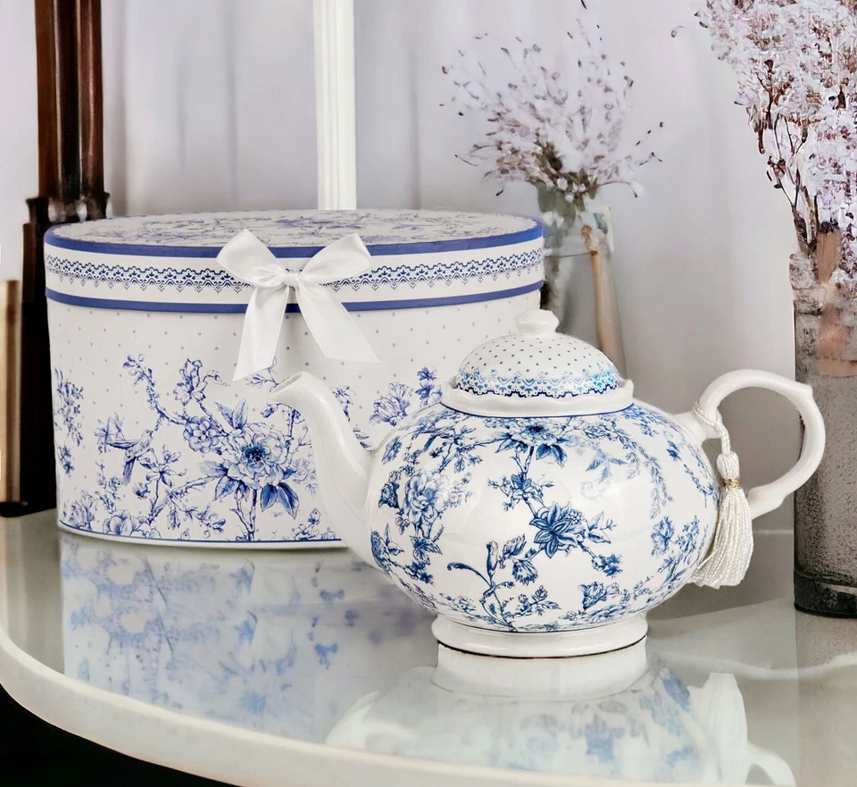 1-qt Blue Flowers Bone China Teapot in Gift Box Blue and White Porcelain Tea Pot - Image 3 of 4