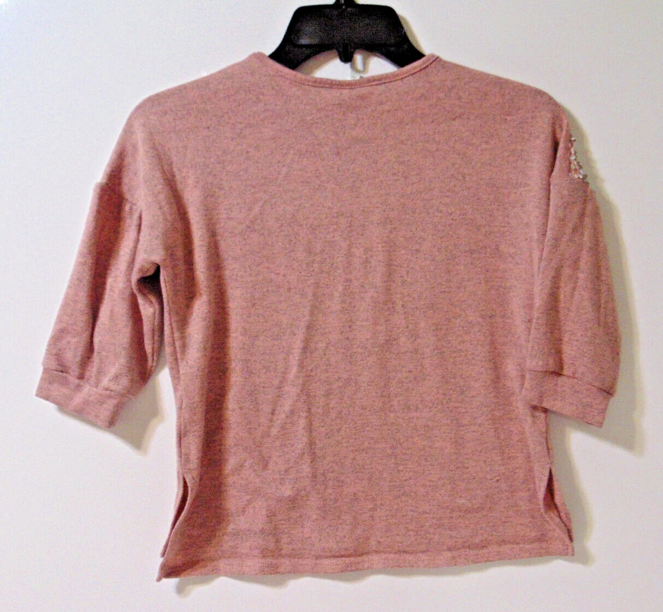 Girls Self Esteem Top Shirt M Pink Gray Sequin Sparkle 3/4" Sleeves Slit Sides - Image 3 of 4