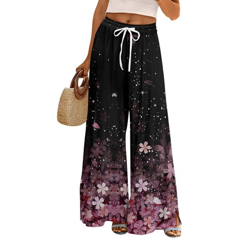 Women Summer Boho Palazzo Pants High Waist Wide Leg Rinting Casual Trousers - Picture 6 of 33