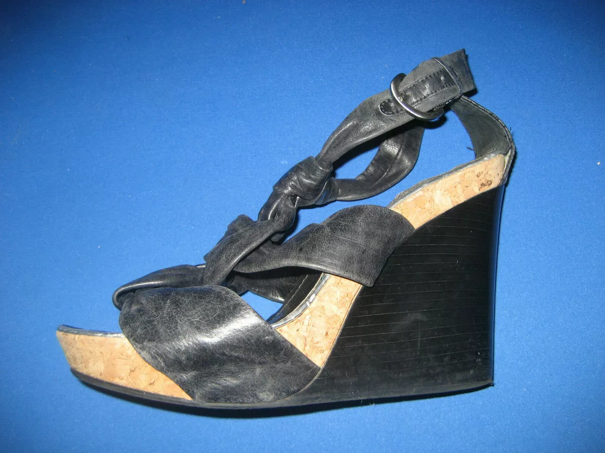 BCBG Paris Black Curly Leather Platform Strappy Platform Wedges Size 10 Open Toe