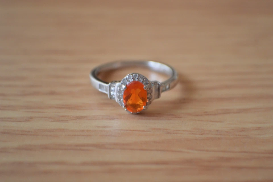 0.75ct Mexican Jalisco Fire Opal / Diamond Ring Platinum over Fine Silver Size 7 - Image 4 of 4