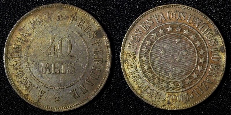 BRAZIL Bronze 1907 40 Reis 30mm BETTER DATE Mintage-217.500 F/aVF KM# 491 (661)