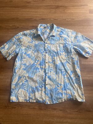 Mens Vintage Aloha Republic Floral Print Blue Tan Button Up Shirt Size 2XL USA