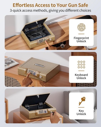 Gold Gun Safe for Pistols 3 Way unlock Fingerprint Digital PIN Key Unlock Sound - Picture 3 of 7