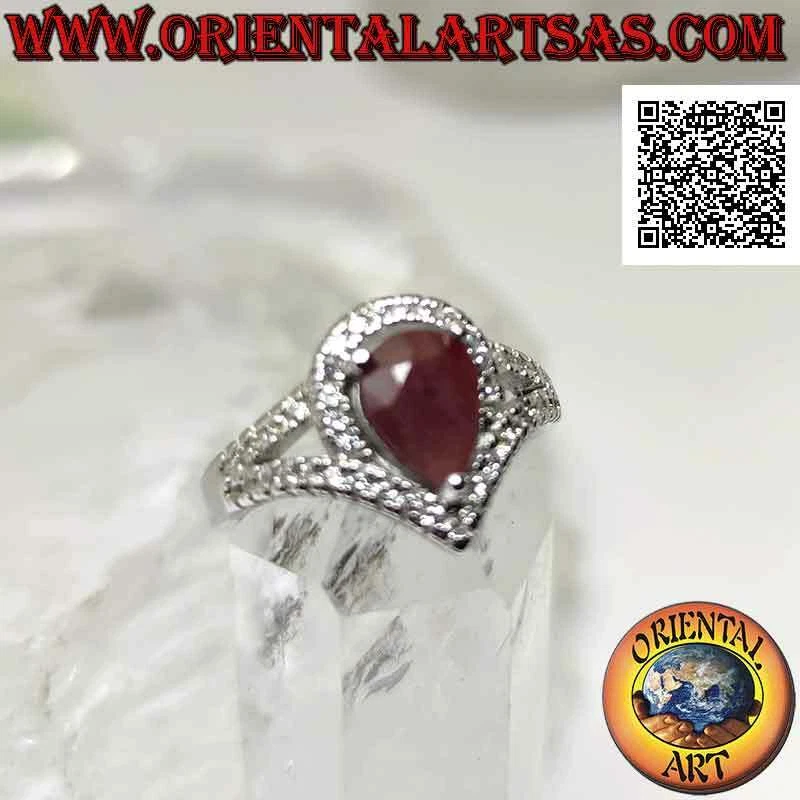 Anello in Argento 925‰ rubino naturale a goccia incastonato contornato da zircon - Immagine 2 di 4