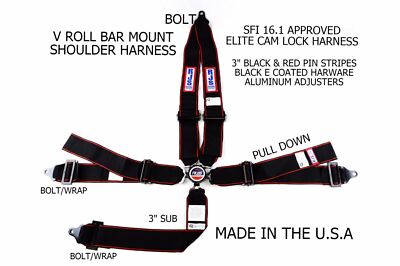 RJS RACING SFI 16.1 ELITE 5PT CAM LOCK HARNESS BELT BLACK RED STRIPE 30300-16-23