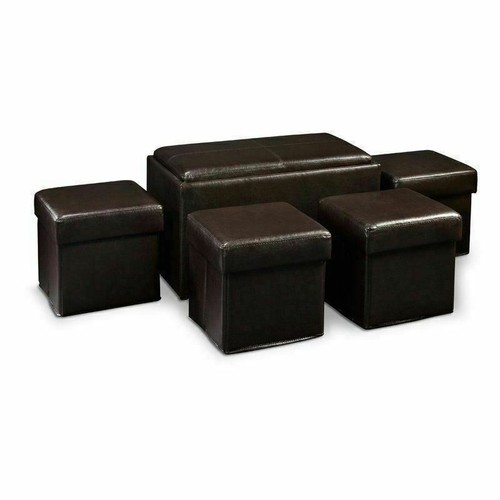 Espresso Faux Leather Storage Ottomans Bench Coffee Table 4 Seats