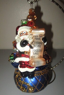 Radko Santa Blue Bag Toys List Train Bear Soccer Ball Christmas Ornament w/ Box