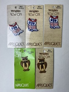 Vtg Wrights Sew On Owl Appliques Patches Red/White/Blue Bow Tie Sealed Lot of 5