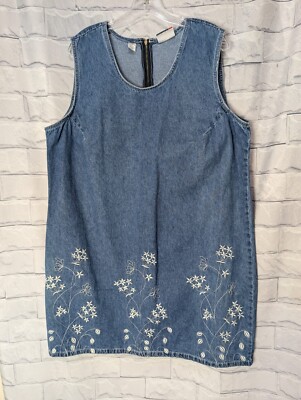 J.L. N.Y. Women's Blue Medium Wash Denim Jean Dress w/ White Embroidery  Flowers | eBay