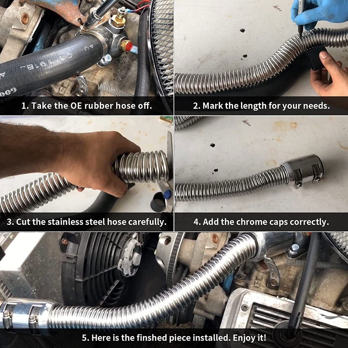 Unbranded Stainless Steel Car & Truck Engine Coolant Hoses Flexible Stainless Steel Radiator Hose Kit - 36 Inch Black - Easy Install With Caps Braided Water Hose With Caps - Foto 7