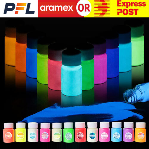 Luminous Glow in the Dark Powder 12 Colours Glitter Fluorescent Nail Pigment AUS - Picture 1 of 10