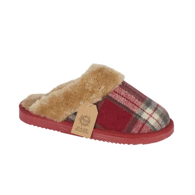 Jo & Joe Shetland Slippers Womans Red Tartan Festive Fur Lined Mules Gift Box