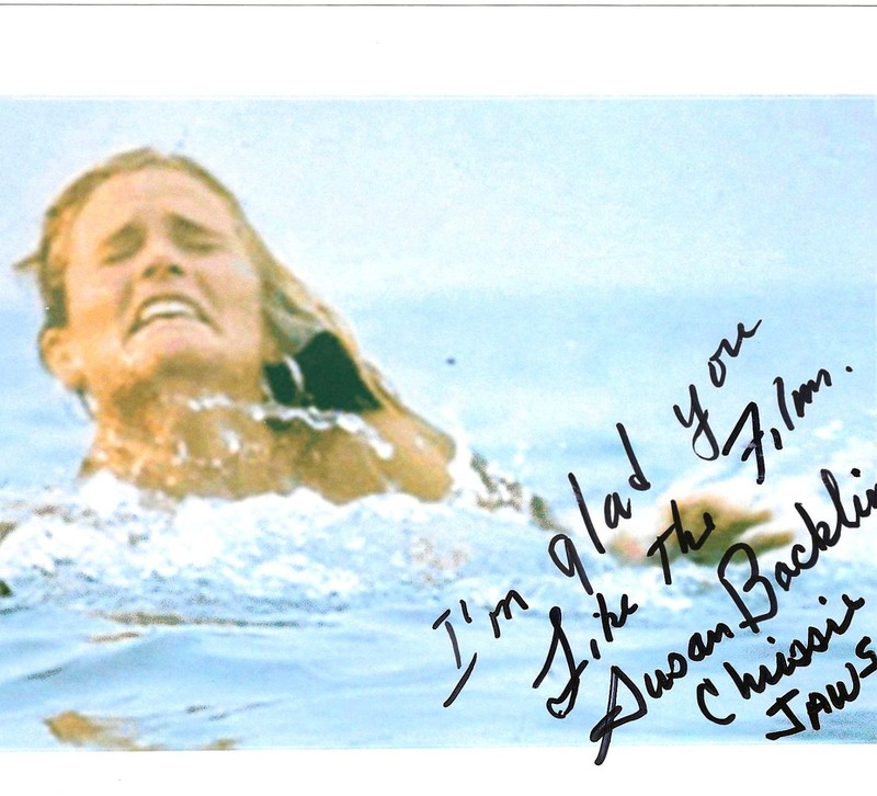 Not very clear autographed 5x7 photo of SUSAN BACKLINIE in "JAWS" - real th