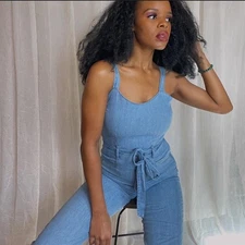 Rewash 100% Cotton Jumpsuit M Chambray Blue Wide Leg Belted Coastal Cowgirl