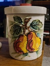Lefton Vintage Pottery Cannister Cookie Jar Made In Italy Fruit Pears 
