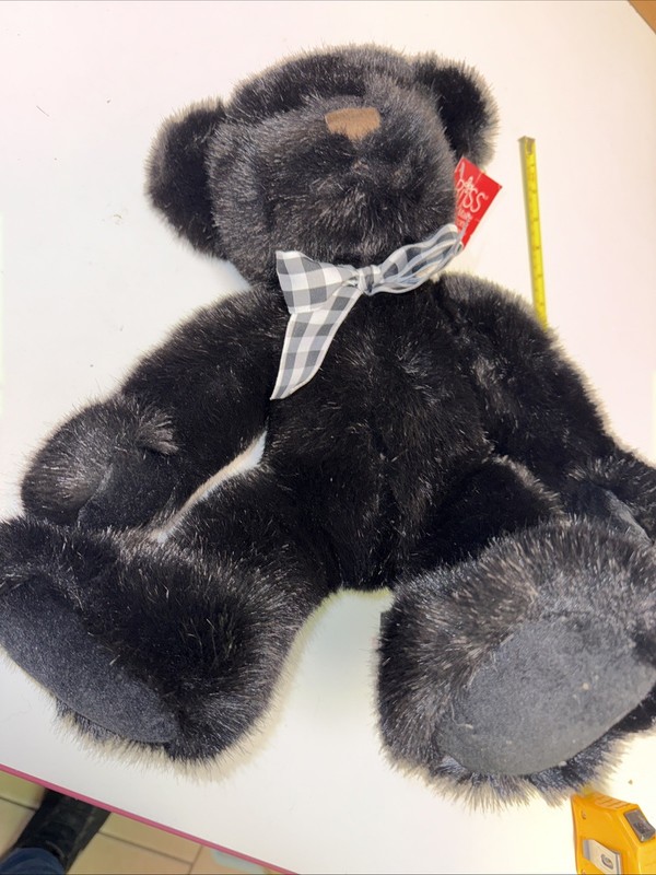 RUSS WELBY Black 16" Stuffed  Bear - Black/White Checkered Bow