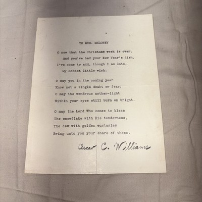 Oscar C Williams Signed Poem 1938, ( est.)Autographed / Poet Original