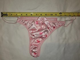 Vintage Satin Pink Heart String Thong Panties. Size Large
