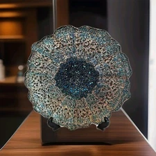 Glass Bowl Centerpiece Scalloped Edge Bubble Peacock Colors 11.5" Home Decor