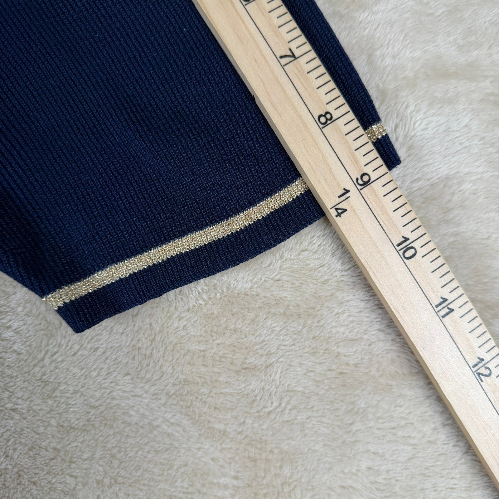 Saks Fifth Avenue Collection Silk Navy Sh Slv Mock Neck Knit Top L Metallic Trim