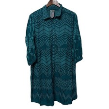 Johnny Was Ziggy Button Front Tunic Dress Teal Size Large Embroidered Boho
