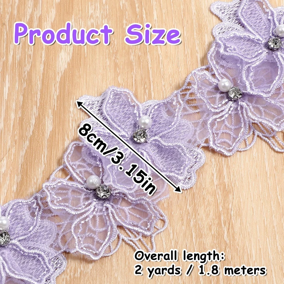 Borde de flores de organza de 2 yardas, cuentas de perlas 3D borde de encaje bordado cosido... Foto 2 de 4
