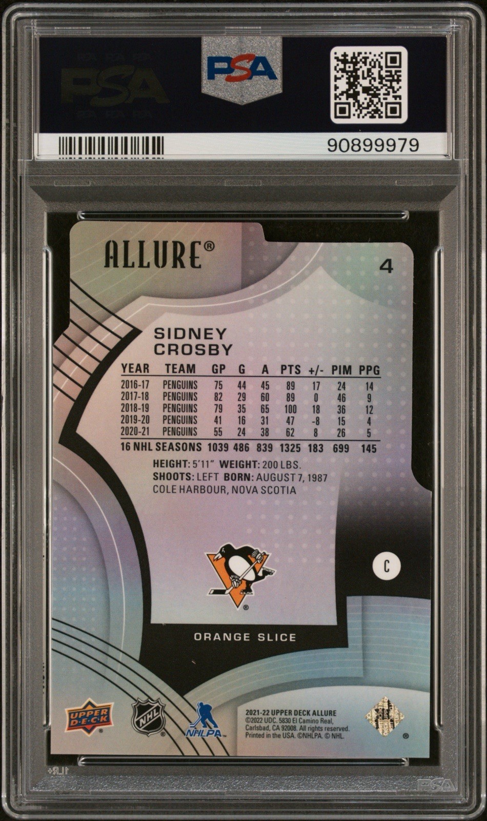 2021-22 Upper Deck Allure #4 Orange Slice SP Sidney Crosby PSA 9 view 2