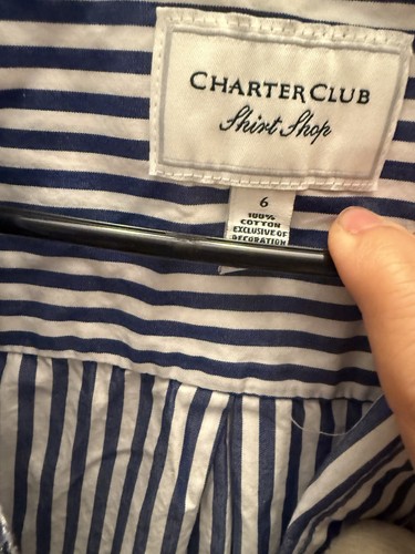 Camisa CHARTER CLUB Mujer Talla 6 Blanco Azul Rayas Cosida Floral Abotonada Top - Imagen 5 de 6