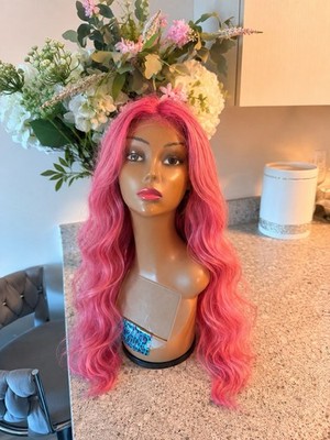 Long Pink to Blonde Ombre Wavy Wigs with Bangs Human Hair Lace Front Wigs 13x4