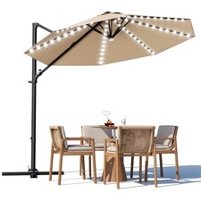 10FT Offset Patio Umbrella with Solar LED Lights and 360 Rotation Brown