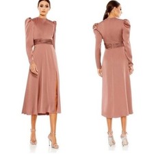 Mac Duggal 26936 Mauve Long Sleeve Round Neck Cocktail Midi Dress Size 4 NWT