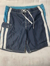 OP Ocean Pacific Mens Med Striped Blue Swim Trunks Board Shorts Drawstring Cargo