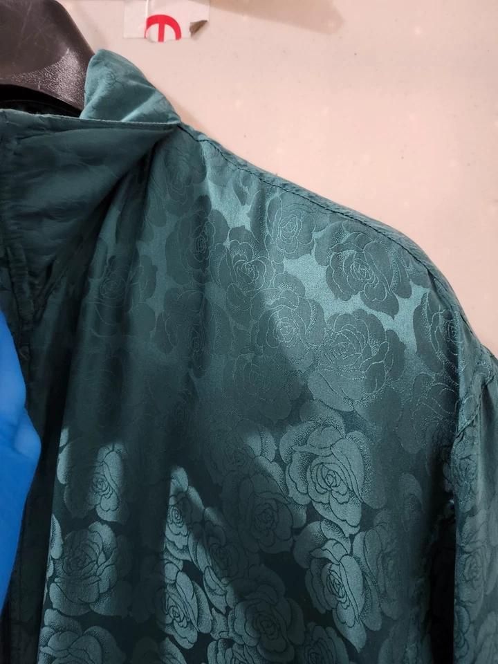 Chaqueta FUDA International Mujer XL Verde Bombardero Cuello Cremallera Seda Floral Rosa De Colección Foto 4 de 4