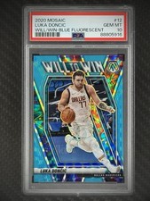 Luka Doncic 2020-21 Panini Mosaic Will To Win Blue Fluorescent Prizm /15 PSA 10