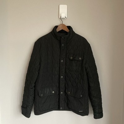 Firetrap Mens Black Quilted Coat Size Large Jacket Country Funnel Neck Corduroy