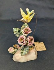 Vintage Princess Art Brass Enamel Pink Roses W/ Swinging Bird On Quartz Base 6"