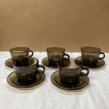 Vereco Smoked Glass Amber Tea Cups And Saucers Espresso France 