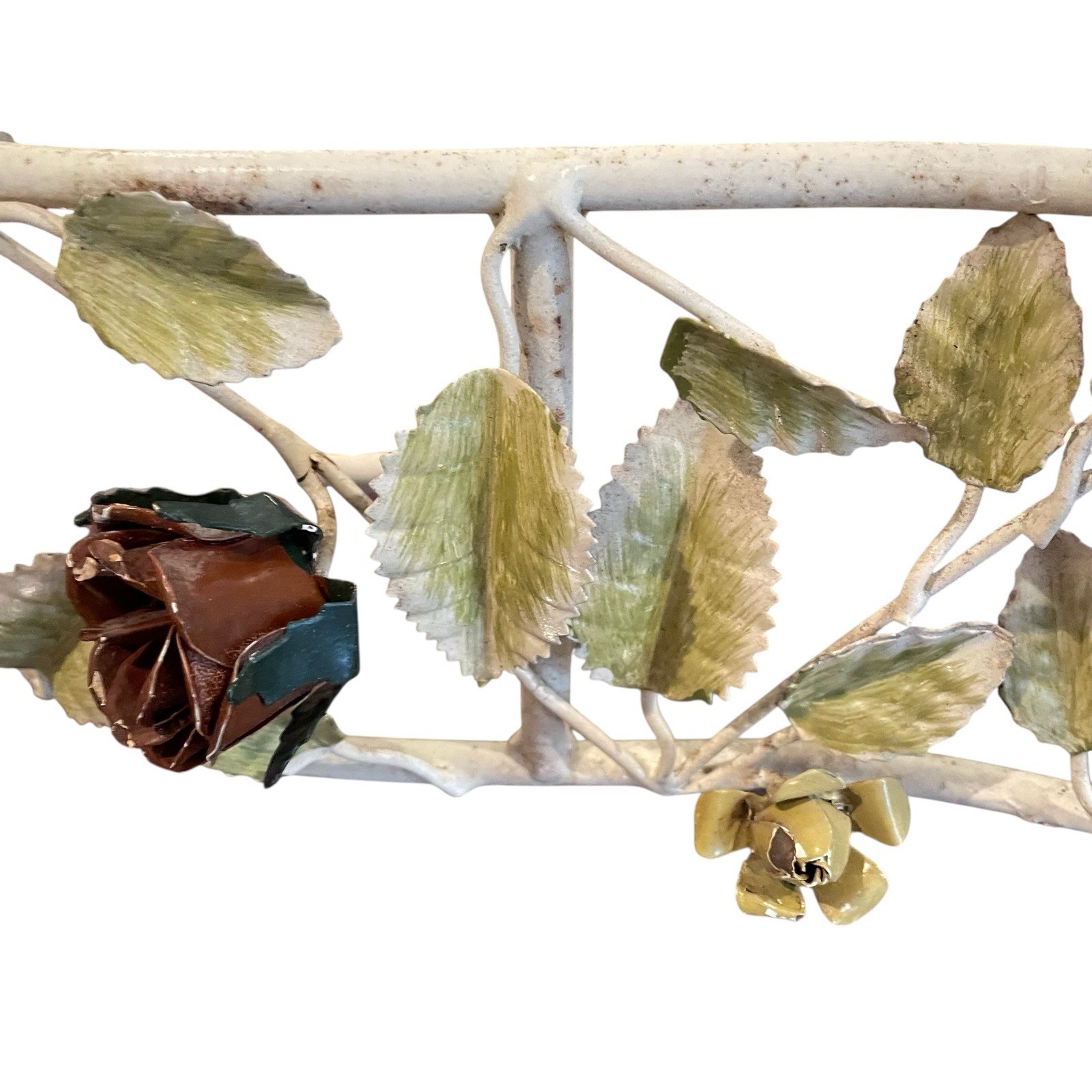 Vintage European BED CANOPY CROWN Cornice Iron Roses Leaves RARE Read Descrip.