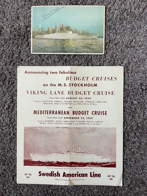 Swedish American Line - ms Stockholm - Cruise Brochure & Post Card - 1959