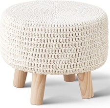Knitted Cotton Boho Pouf Ottoman Round Footstool Non-Skid Wood Legs Home Decor