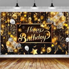 Happy Birthday Party Banner Backdrop, Black and Gold Balloons Large Banner Pa...