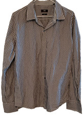 Mens Button Up Shirt Hugo Boss X-Large Slim-Fit Gray/White Gingham Contrast Cuff